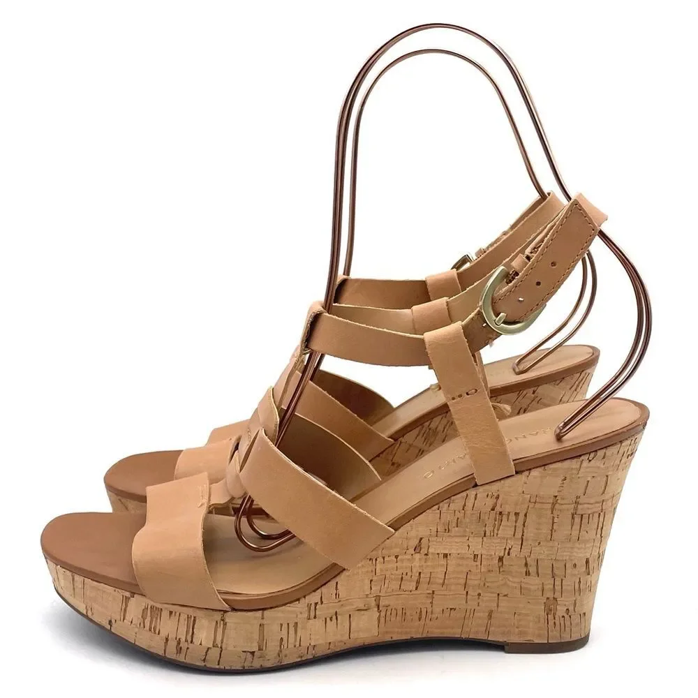 Franco Sarto Cera Tan Leather Strappy Cork Wedge Sandal Shoes Women’s Size 10